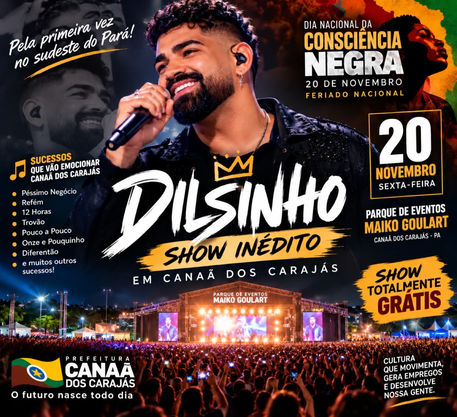 Dilsinho fará show gratuito em Canaã dos Carajás no Dia da Consciência Negra; expectativa é de público recorde