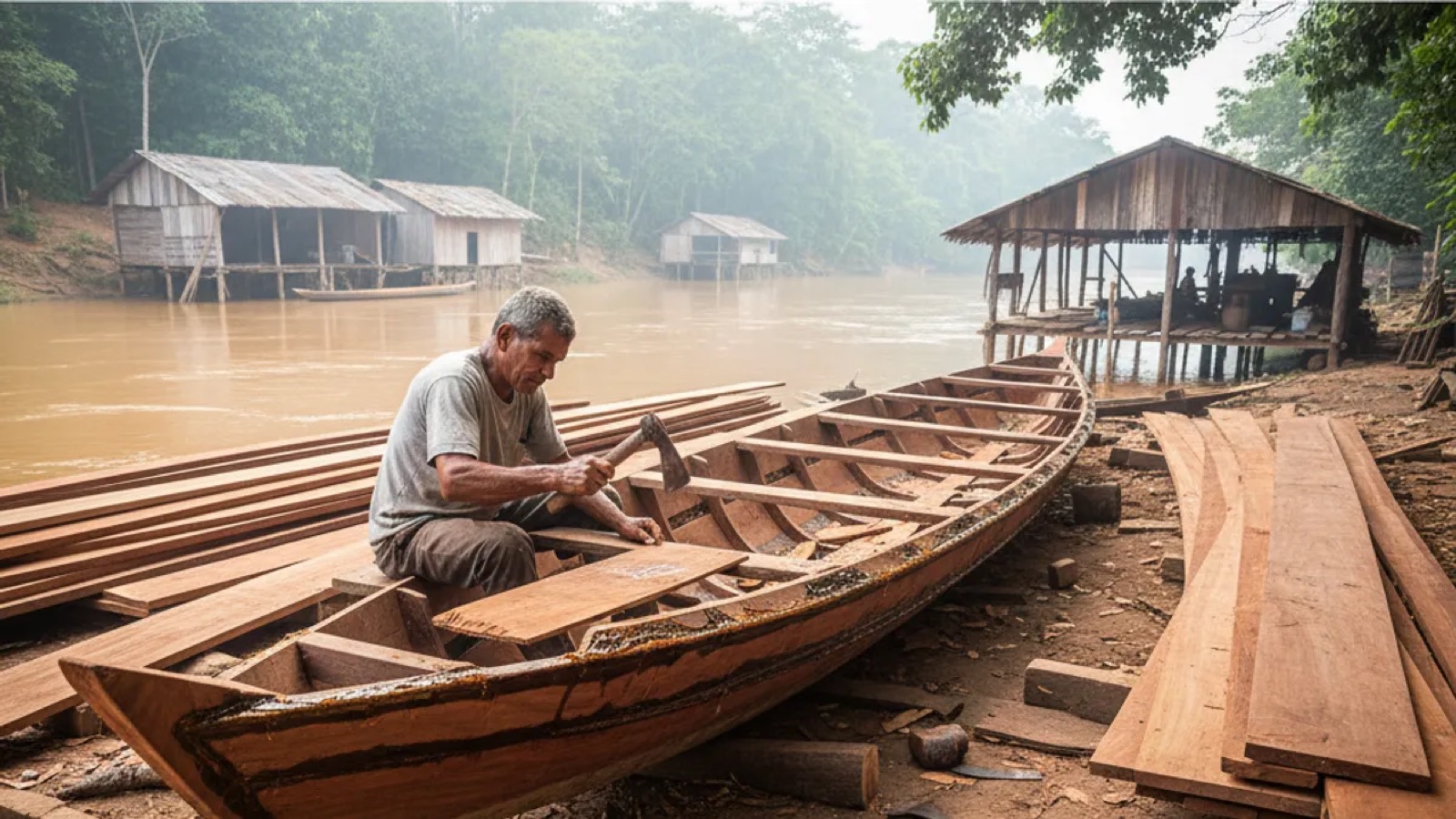 Como se constrói uma canoa de madeira no interior do Pará